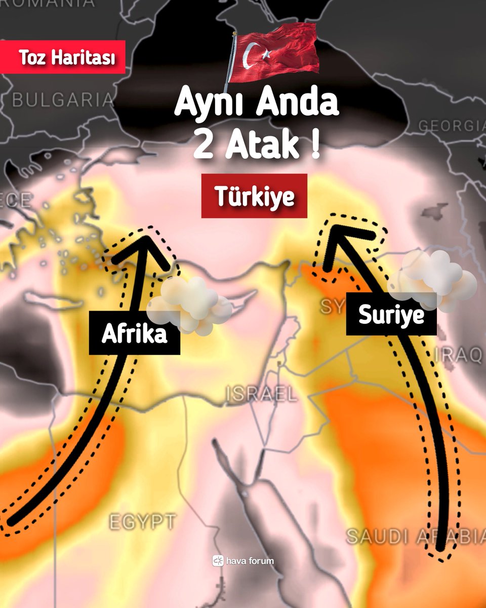 Son Dakika |  Maalesef 2 koldan atak yiyeceğiz. Aynı anda hem Afrika hem de Suriye üzerinden ülkemize toz girecek. Cuma ve cumartesi çamur yağmuru bekleniyor.