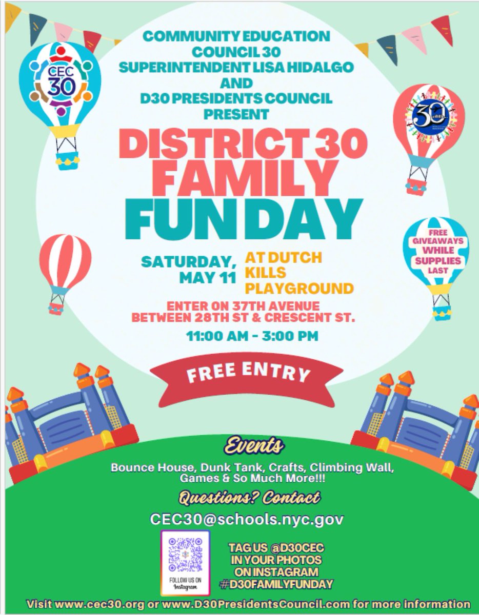 Please join us at the District 30 Family Fun Day on Saturday, May 11 at Dutch Kills Playground.