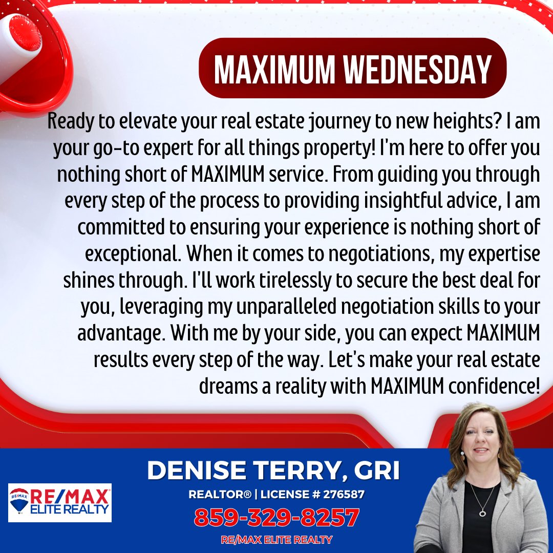 Denise Terry, GRI | REALTOR®, BROKER (@deniseterry94) on Twitter photo Ready to take your real estate journey to the MAXIMUM? With my expertise and commitment to exceptional service, let's turn your dreams into reality!
#RealEstate #NoHiddenFees #HiddenFREES #REMax #REMaxEliteRealty #MaximumWednesday #Bluegrassrealtors #playingtowin <a href="/vaughtsviews/">Vaughts' Views</a> Ready to take your real estate journey to the MAXIMUM? With my expertise and commitment to exceptional service, let's turn your dreams into reality!
#RealEstate #NoHiddenFees #HiddenFREES #REMax #REMaxEliteRealty #MaximumWednesday #Bluegrassrealtors #playingtowin <a href="/vaughtsviews/">Vaughts' Views</a>