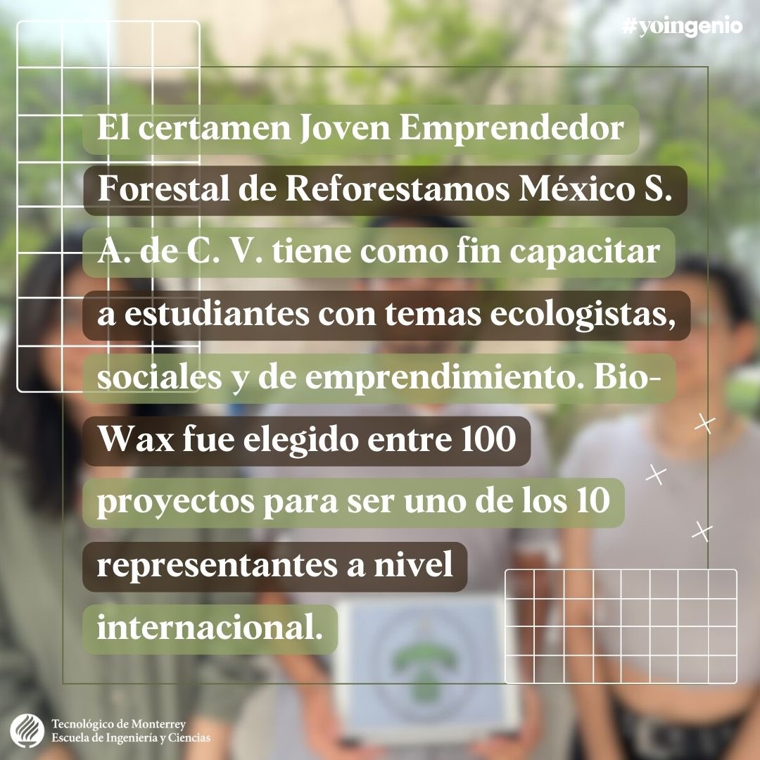 Los estudiantes Víctor J. Arteaga González, Evelyn L. Romero Soto y Natalia Treviño Martínez lograron avanzar a la fase final internacional del certamen Joven Emprendedor Forestal de la organización sin fines de lucro @reforestamosmexico. ¡Les deseamos éxito! #YoIngenio🦾💙🧠