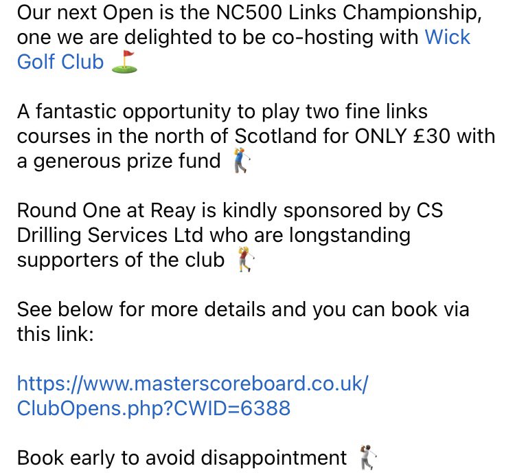 Our next Open is the NC500 Links Championship, one we are delighted to be co-hosting with Wick Golf Club ⛳️ A fantastic opportunity to play two fine links courses in the north of Scotland for ONLY £30 with a generous prize fund 💰 Book via this link: masterscoreboard.co.uk/ClubOpens.php?…