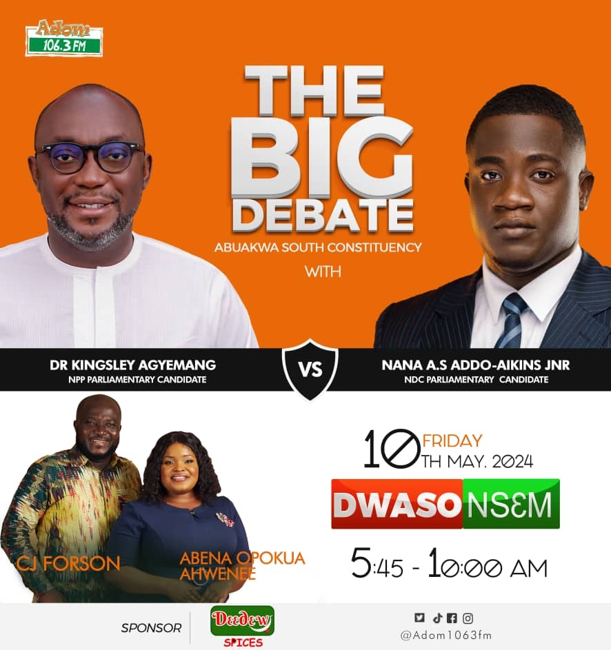 Ready for the battle between Kingsley Agyemang and Nana A.S Addo Aikins?

Join us this Friday, May 10th, for the Big Debate battle between the candidates on DwasoNsem at EseHo Durbar Grounds 

#DwasoNsem 

Nana Addo Manchester United Sarkodie Defe Defe Supreme Court Darwin
