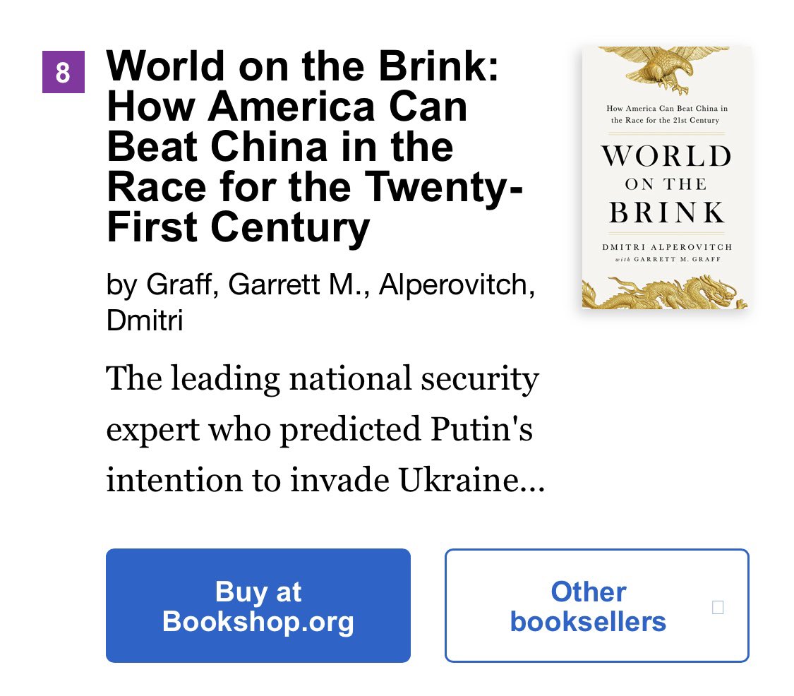 Congratulations to new National Bestselling author @DAlperovitch, with WORLD ON THE BRINK debuting #8 on the @USATODAY list. Get your copy here: amzn.to/3UThdOt