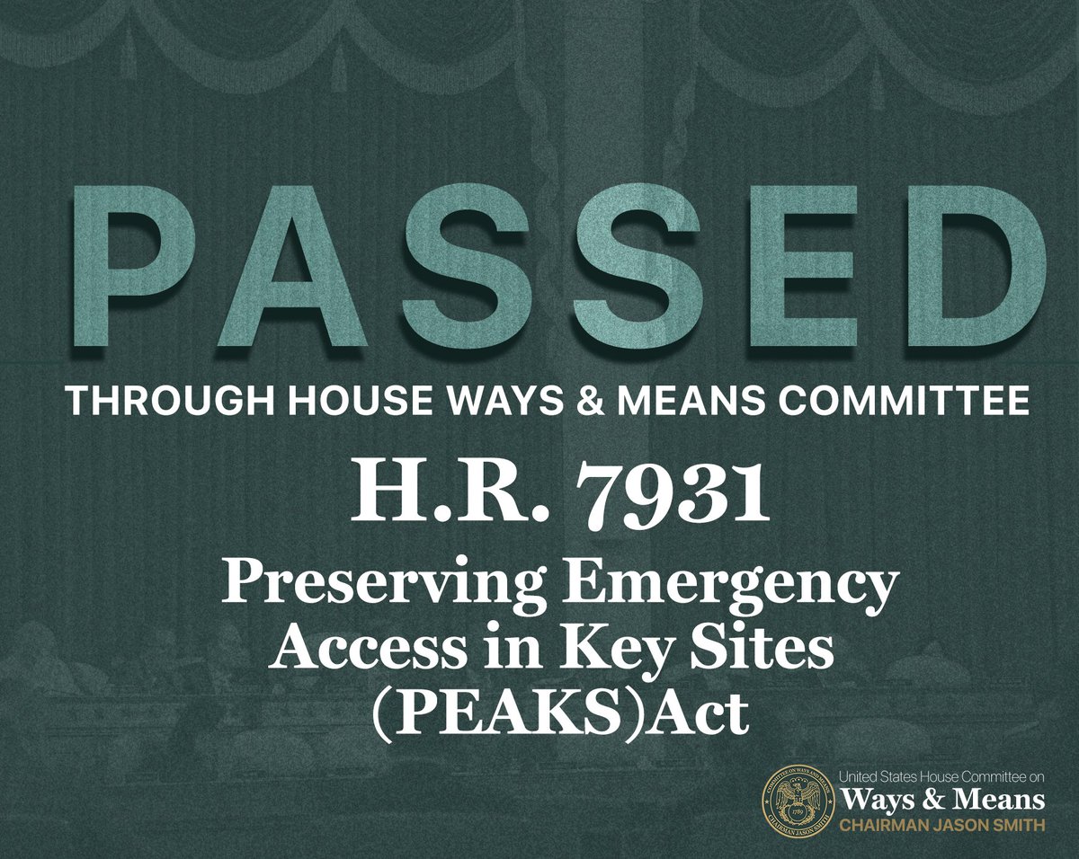 .@RepCarolMiller's PEAKS Act just passed the Ways and Means Committee. Patients in mountainous areas have a harder time getting ambulance services when they dial 9-1-1. This bill expands emergency services for patients served by Critical Access Hospitals.