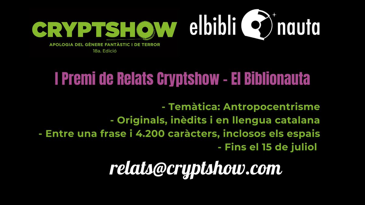 Cryptshow's tweet photo. Torna el concurs de relats de terror i fantàstic al Cryptshow Festival. En col·laboració amb el @ElBiblionauta us presetem el I Premi de Relats Cryptshow - El Biblionauta #Badalona
Podeu consultar aquí les bases
https://t.co/oCl5Rwk7qg https://t.co/nuMndtKXNX