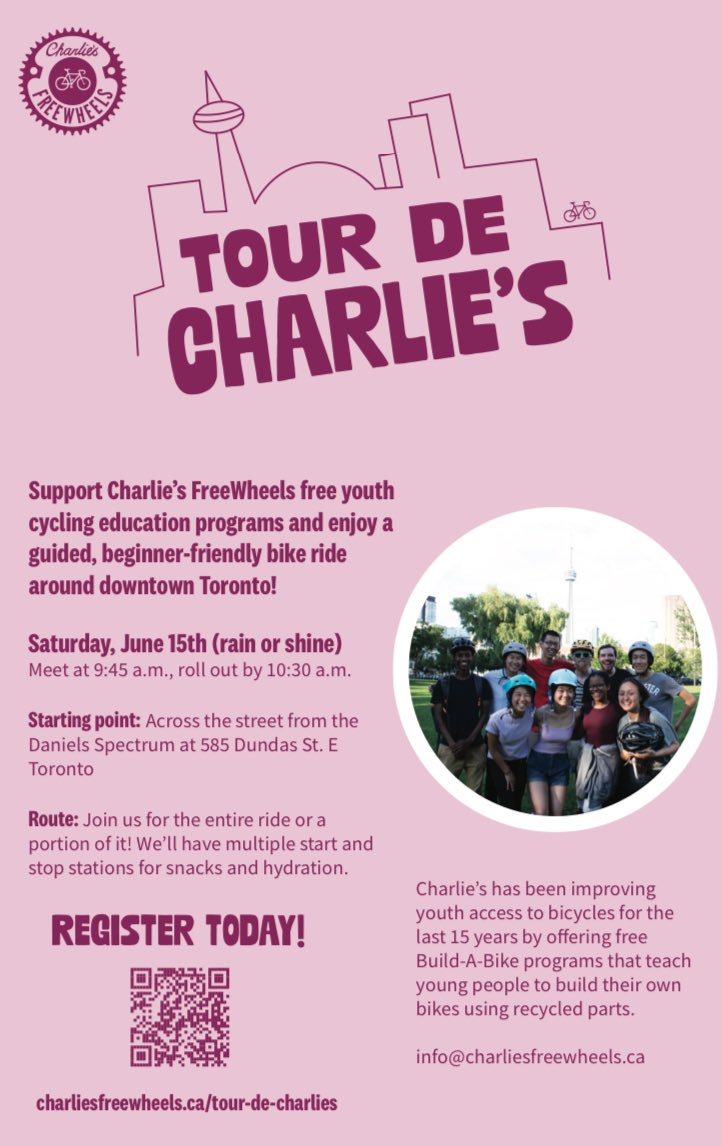 Consider donating to 1st Annual Tour de Charlie's fundraiser for Charlie’s FreeWheel to support our programs! 

On June 1st, join us for the entire ride or a portion of it! We'll have multiple start and stop stations for snacks and hydration. canadahelps.org/en/charities/c…
