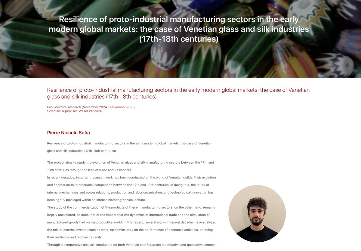 We have a new MoHu-based postdoctoral project!  Pierre Niccolò Sofia @pierreniccolo is studying the evolution of Venetian glass and silk manufacturing sectors between the 17th and 18th centuries through the lens of trade and its impacts. Read more: mobilityandhumanities.it/2024/04/23/res…