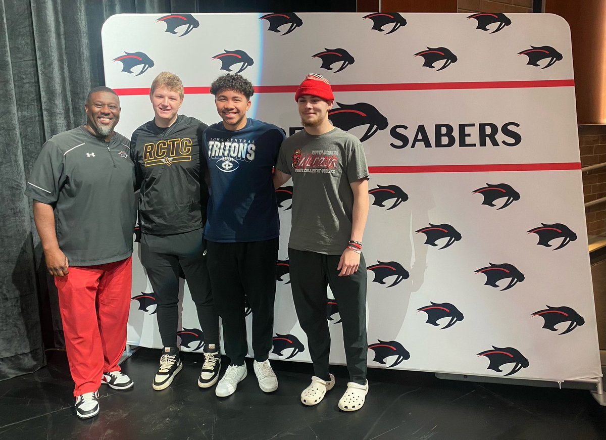 Proud to announce our 3 seniors who signed their NLIs today‼️#SaberPride 
Bradley Hanson - <a href="/NDSCSFB/">NDSCS Wildcats Football</a> North Dakota State College of Science

<a href="/Anthony_1871/">ANTHONY MCCALL</a> McCall <a href="/TritonNation/">Iowa Central Football</a> Iowa Central Community College 

Michael Carson Rochester Technical Community College <a href="/RCTC_FB/">RCTC Football</a>