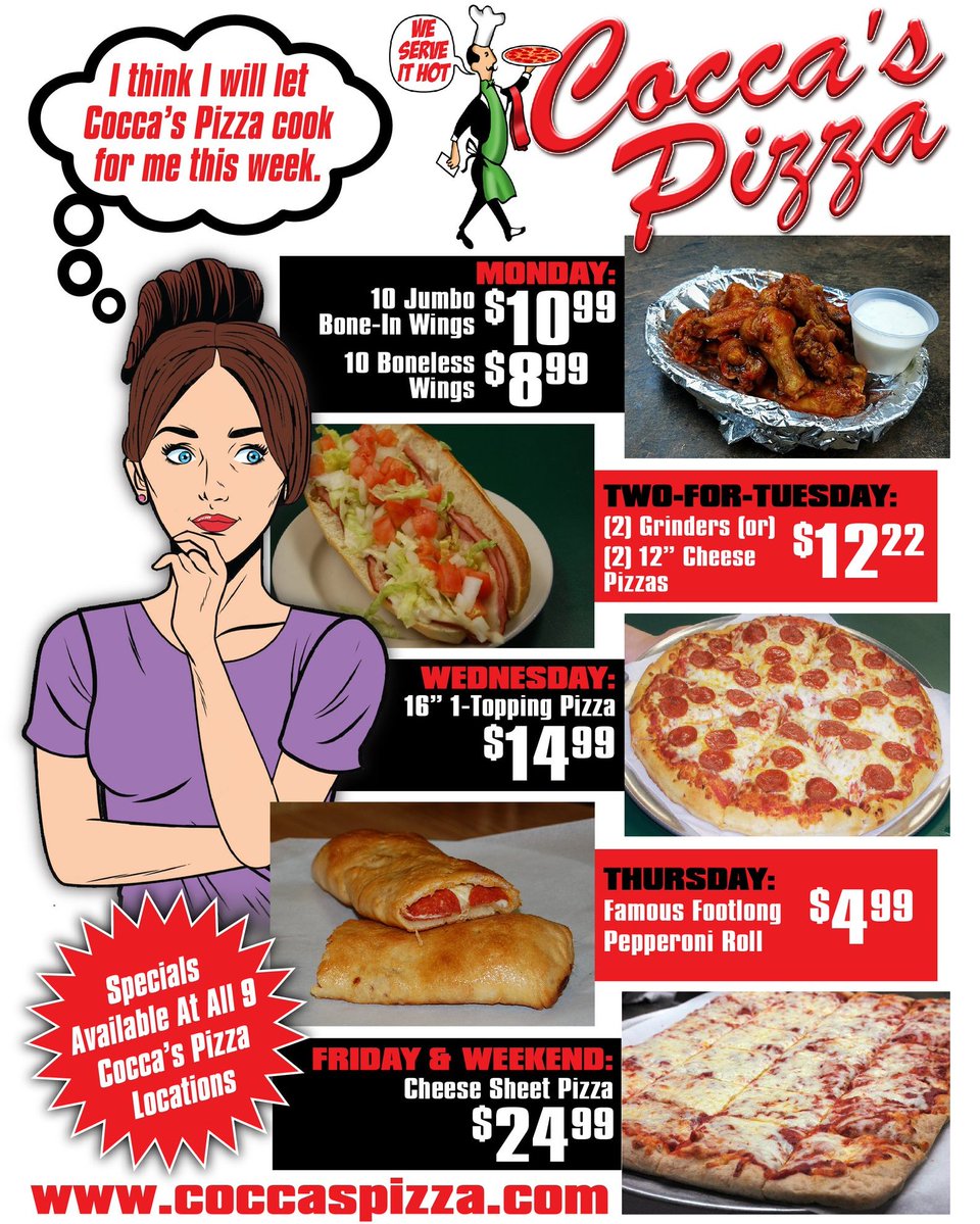 Explore a world of daily delights at Cocca's Pizza! From mouthwatering Monday creations to tantalizing Tuesdays, experience the taste of freshness and flavor straight from our ovens every day. Don't let these amazing deals slip away! #coccaspizza #dailydeals #freshness