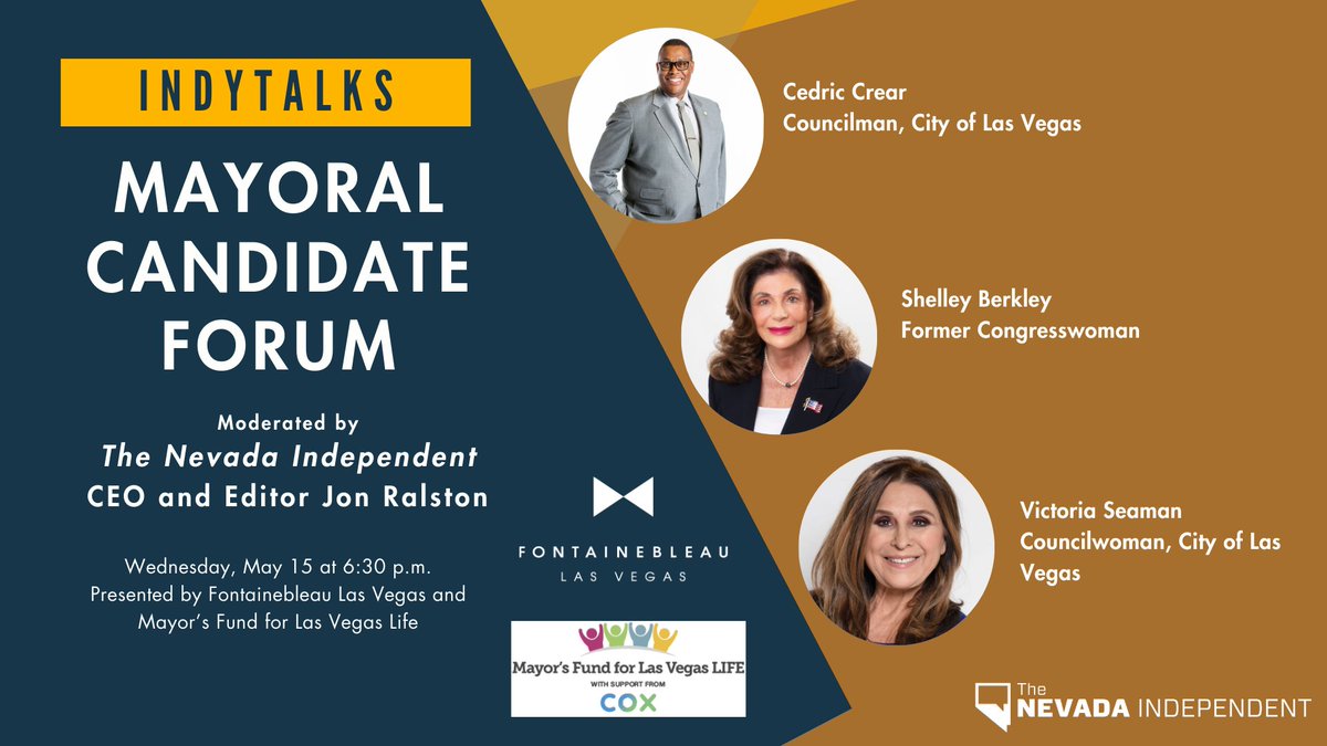 NEW: We will be partnering with Channel 3 in Las Vegas to broadcast our mayoral candidate forum live at 6:30 p.m. on May 15. If you want to be in the room where it happens, click here to buy a ticket: one.bidpal.net/indytalksvegas…