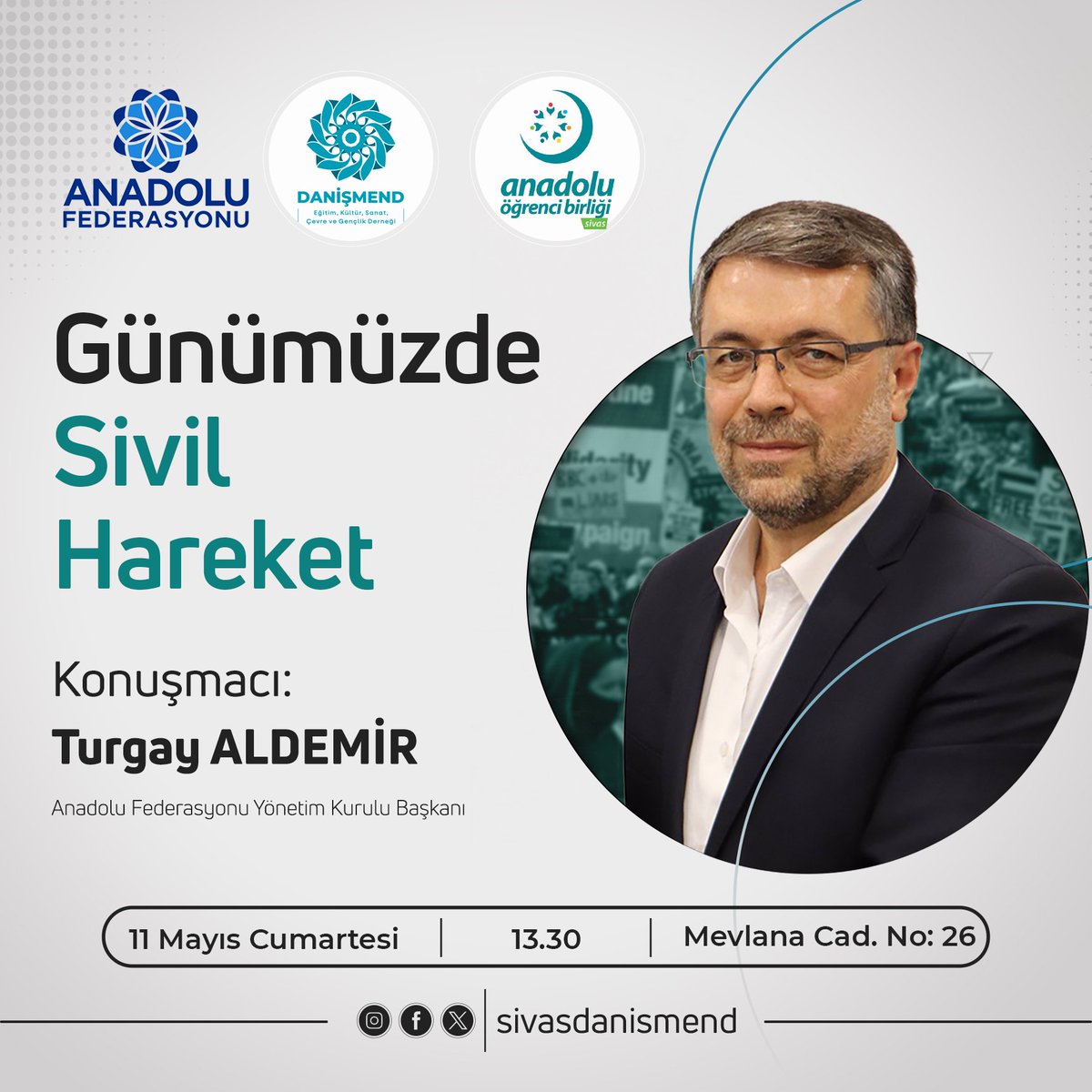 Bu hafta Anadolu Federasyonu Yönetim Kurulu Başkanı Turgay ALDEMİR Bey 'Günümüzde Sivil Hareket' başlıklı hasbihaliyle bizlerle olacak. Cumartesi, 13.30'da, dernek merkezimize sizleri de bekliyoruz. #danişmendderneği #sivas #turgayaldemir