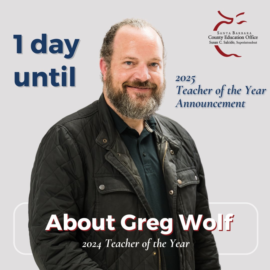 🌟 Before we announce our 2025 Santa Barbara County Teacher of the Year, let's take a moment to honor the incredible journey of our outgoing 2024 Teacher of the Year, Greg Wolf, who also had the honor of serving as California Teacher of the Year.🍎 Stay tuned!