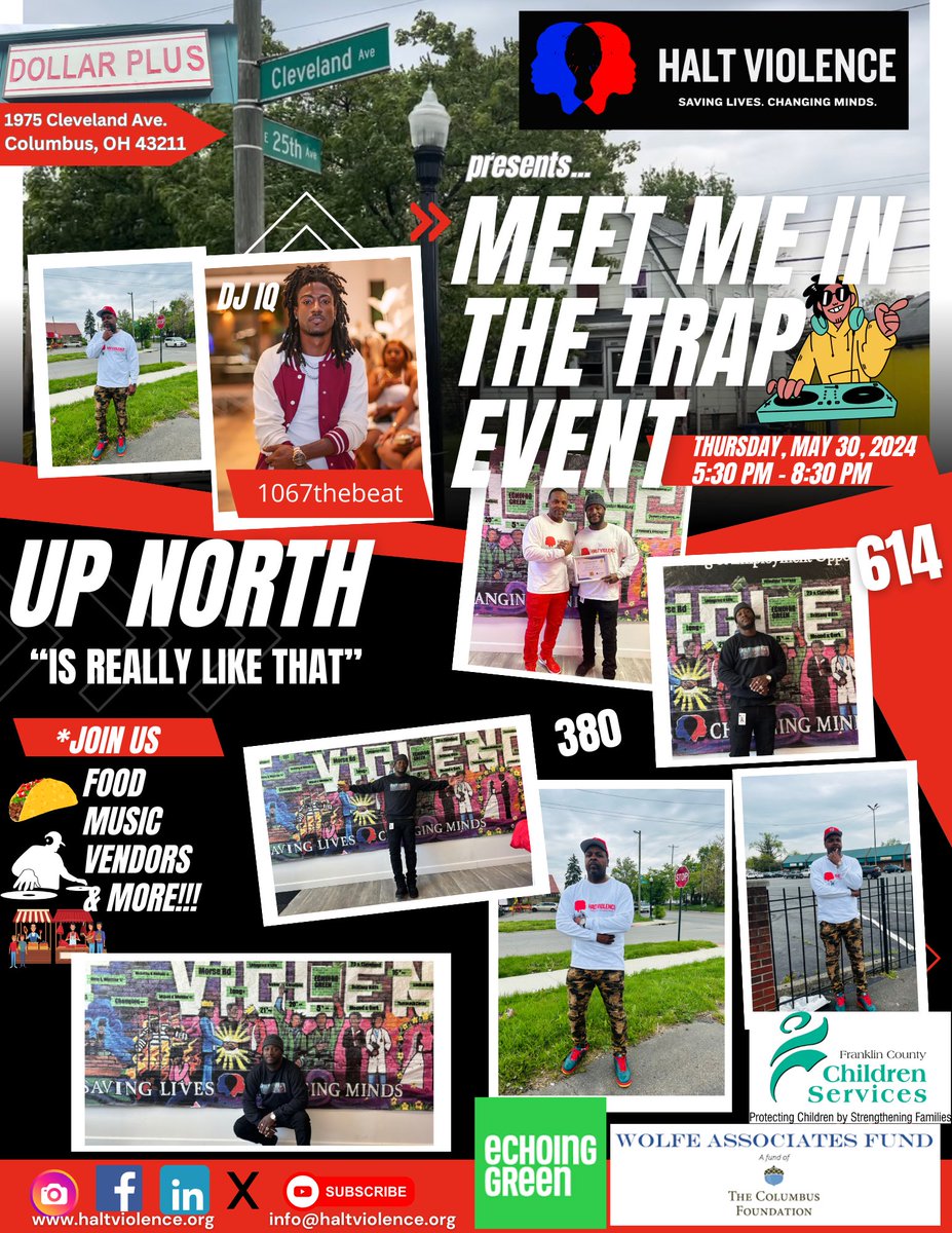 Halt Violence presents: *Meet Me in the Trap Event May 30, 2024 *(Week after Memorial Day Weekend) 5:30 pm - 8:30 pm - Located at: 1975 Cleveland Ave. Come join us for Food, Music, Vendors & MORE!  #HaltViolence #columbusoh #Columbus #Ohio #columbusohio #memorialday #mlkweekend