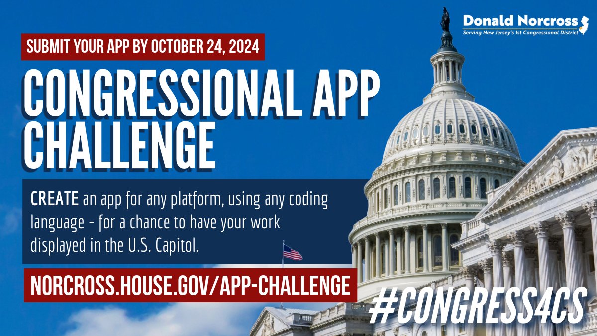 Calling all future tech leaders! I'm excited to announce that the 2024 Congressional App Challenge is open for submissions. Open to all middle and high schoolers, the challenge highlights the creativity & coding talent of SJ students. Learn more at norcross.house.gov/app-challenge
