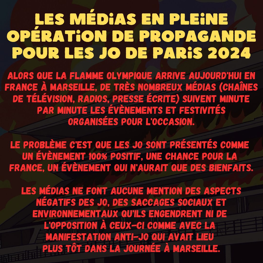 🔴Les médias en pleine propagande pour les #JeuxOlympiques de #Paris2024. Alors que la #FlammeOlympique arrive en #France à #Marseille, les médias présentent les JO comme un évènement 100% positif sans aucune mention de leurs aspects négatifs #JOParis2024 #JOP2024 #JO2024