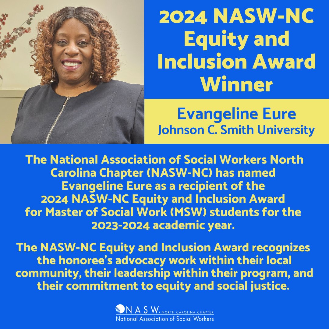 NASW-NC congratulates Evangeline Eure for being one of our 2024 Equity & Inclusion Student Award Winners! For more on Evangeline and our other winners go here: naswnc.org/news/669495/NA…

#naswnc #nasw #ncstate #jcsu #msw #socialwork #socialworker #socialworkers