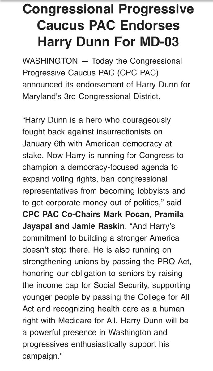 Another big endorsement for Harry Dunn in #MD03 >>> Congressional Progressive Caucus