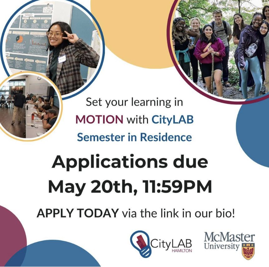Kojo Easy Damptey (@easythepianoman) on Twitter photo 🙌🏿 CityLAB SIR Applications are OPEN🙌🏿
Are you a <a href="/McMasterU/">McMaster University</a> student entering level 3 or above this upcoming school year?
If so, our Semester In Residence program is perfect for YOU! Apply now for the Fall 2024 cohort. Applications close May 20th.
community.mcmaster.ca/our-programs-a…
#HamOnt 🙌🏿 CityLAB SIR Applications are OPEN🙌🏿
Are you a <a href="/McMasterU/">McMaster University</a> student entering level 3 or above this upcoming school year?
If so, our Semester In Residence program is perfect for YOU! Apply now for the Fall 2024 cohort. Applications close May 20th.
community.mcmaster.ca/our-programs-a…
#HamOnt