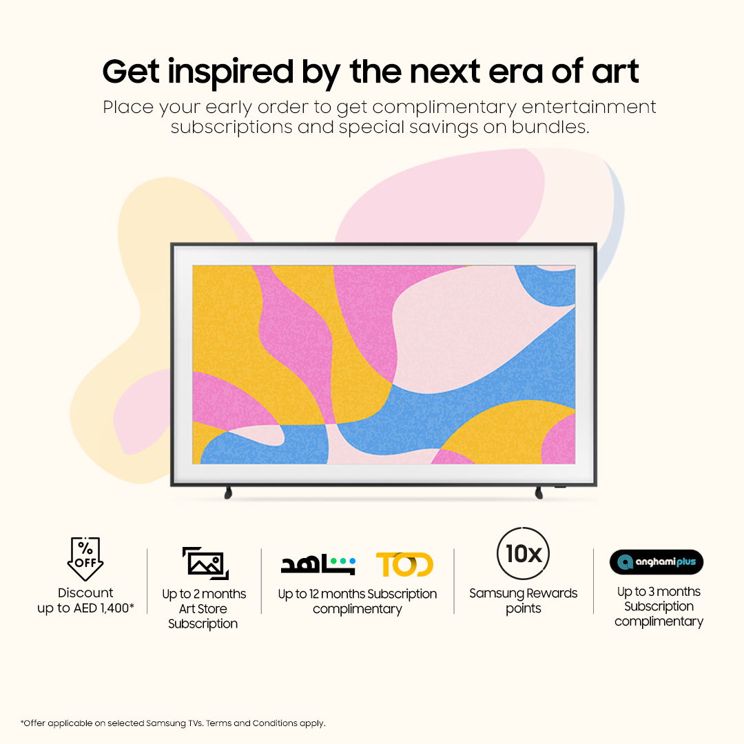 Redefine your walls with our visionary art display! Place your early order and get up to AED 1,400 off, 10X Samsung Rewards points worth up to AED 760, up to 2 months Art Store subscription, and much more! Pre-order now: smsng.co/6018jU6va