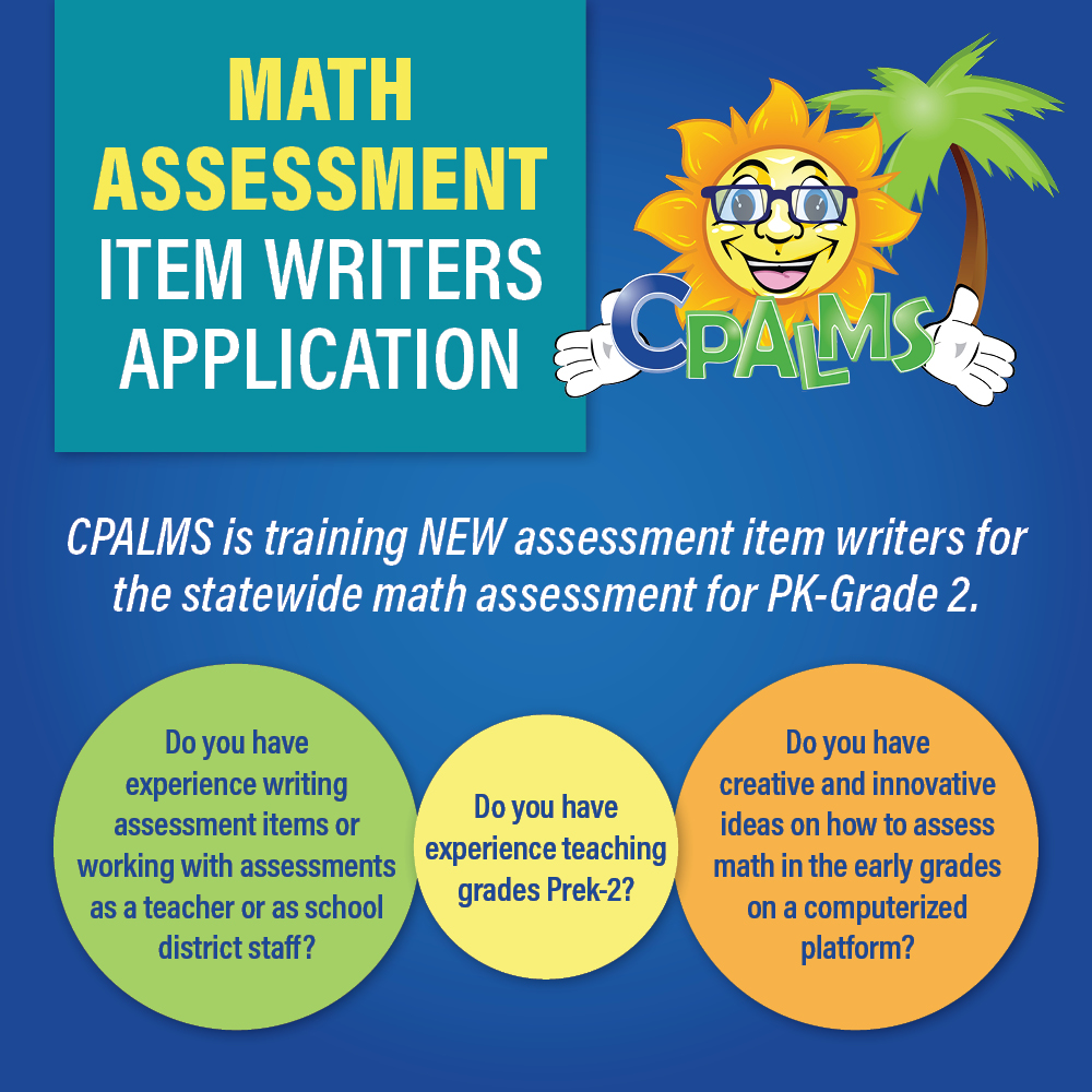 tweetcpalms's tweet photo. We are training 𝙉𝙀𝙒 assessment item writers for the statewide math assessment for PK-Grade 2.  Only a few seats remain for 𝗝𝘂𝗹𝘆 𝟴-𝟭𝟬 in Tallahassee.

More info: https://t.co/Pbrd21k1lu https://t.co/afvCu1joAG