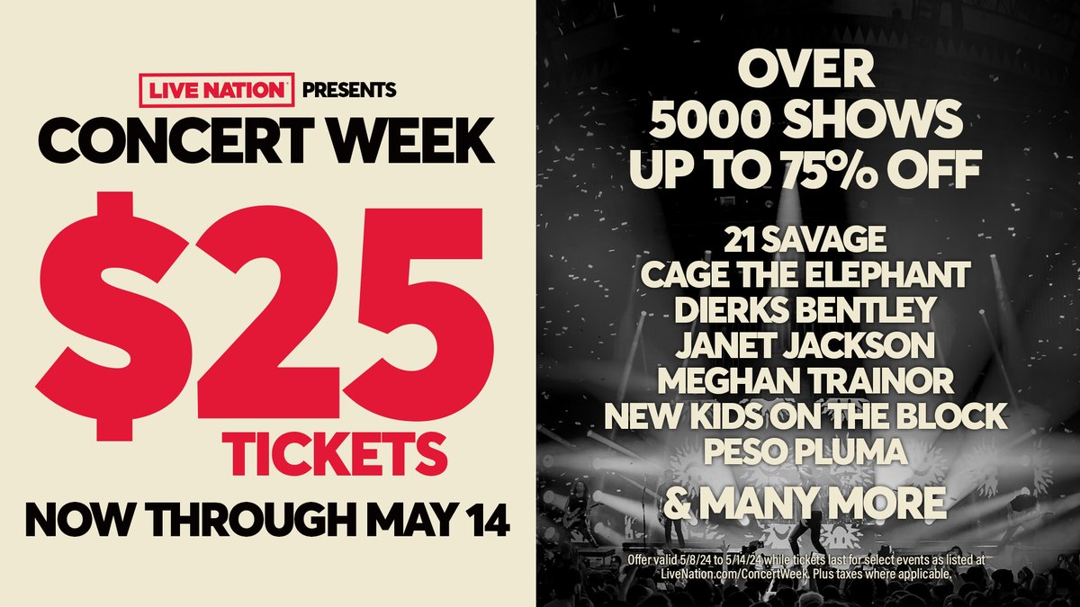 🎟 #ConcertWeek is HERE! Grab your $25 tickets now through May 14th to over 5,000 shows through the rest of the year 🎟 livemu.sc/4d2TUZz