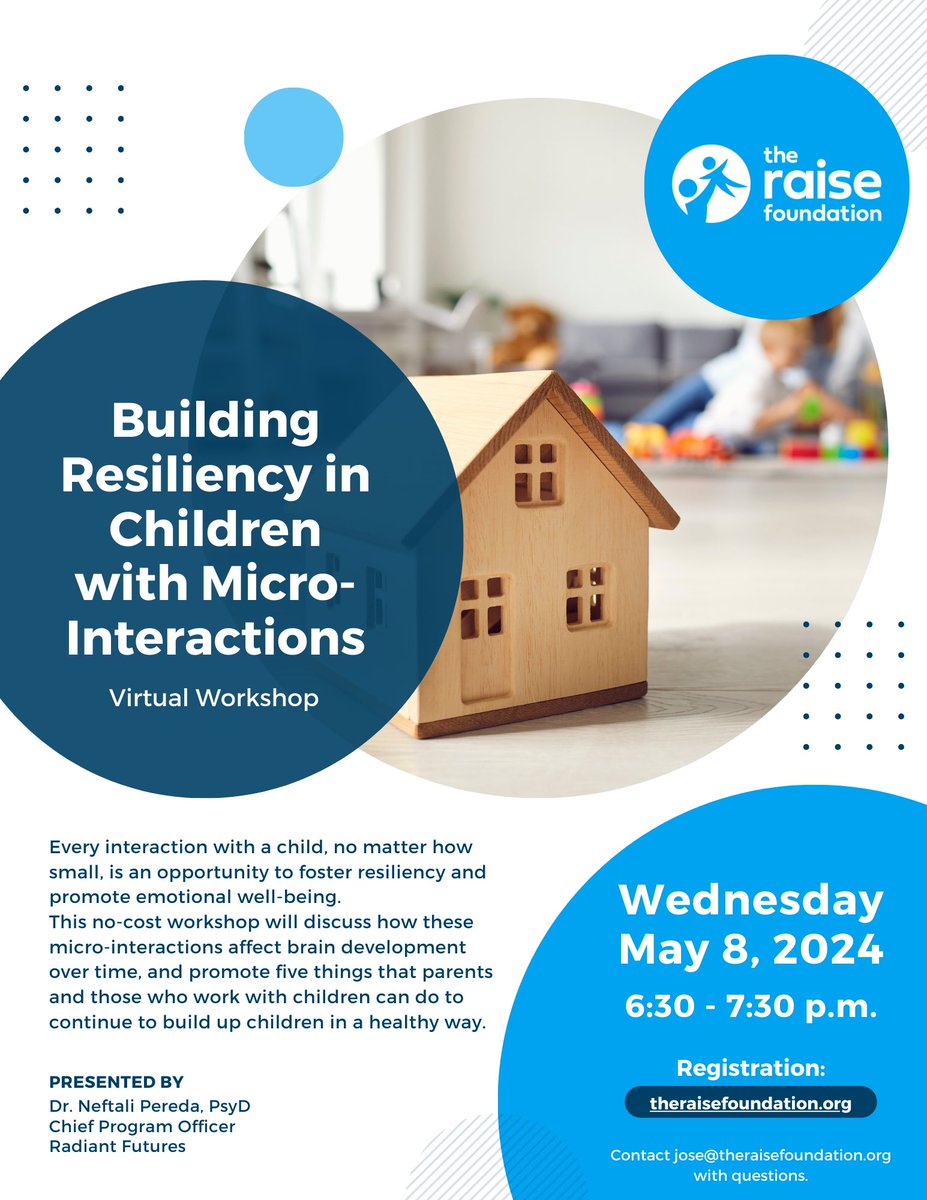 Join us TONIGHT for a no-cost virtual workshop with Dr. Pereda from Radiant Futures about Building Resiliency in Children with Micro-Interactions. 💻

Register here: linktr.ee/theraisefounda…

#Workshop #BuildingResiliency #Parents #Professionals #OC #ChildAbusePrevention