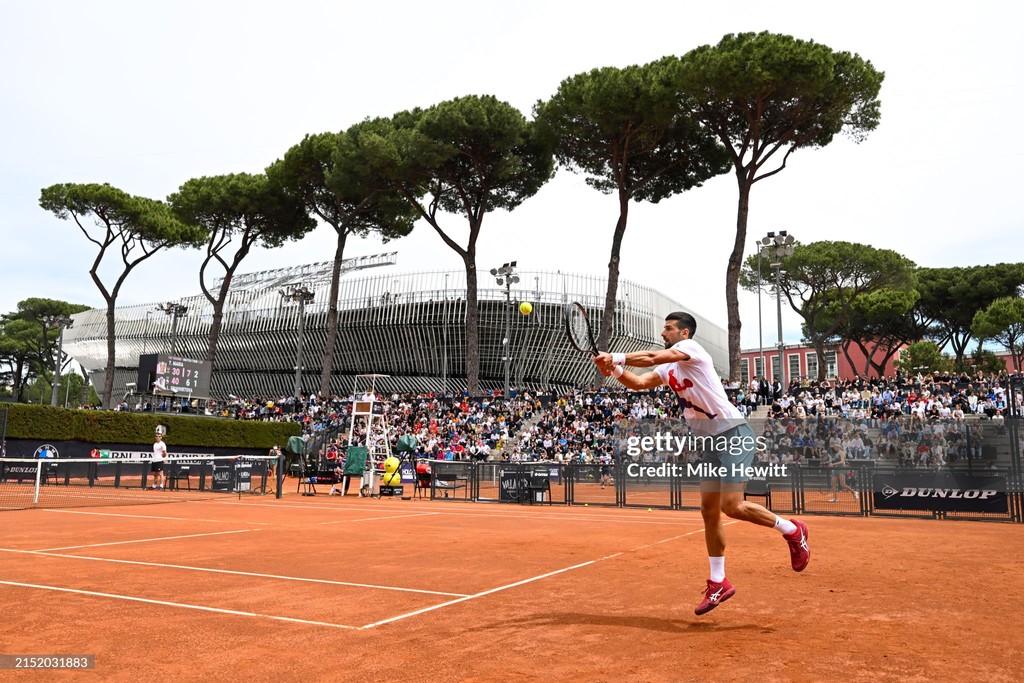 Novak Djokovic of Serbia plays a backhand during a practice session on Day 3 of the Internazionali BNL D'Italia 2024 at Foro Italico in #Rome, Italy. 📷: @HewittMike #Roma #IBI24 #tennis #ATP #Nole