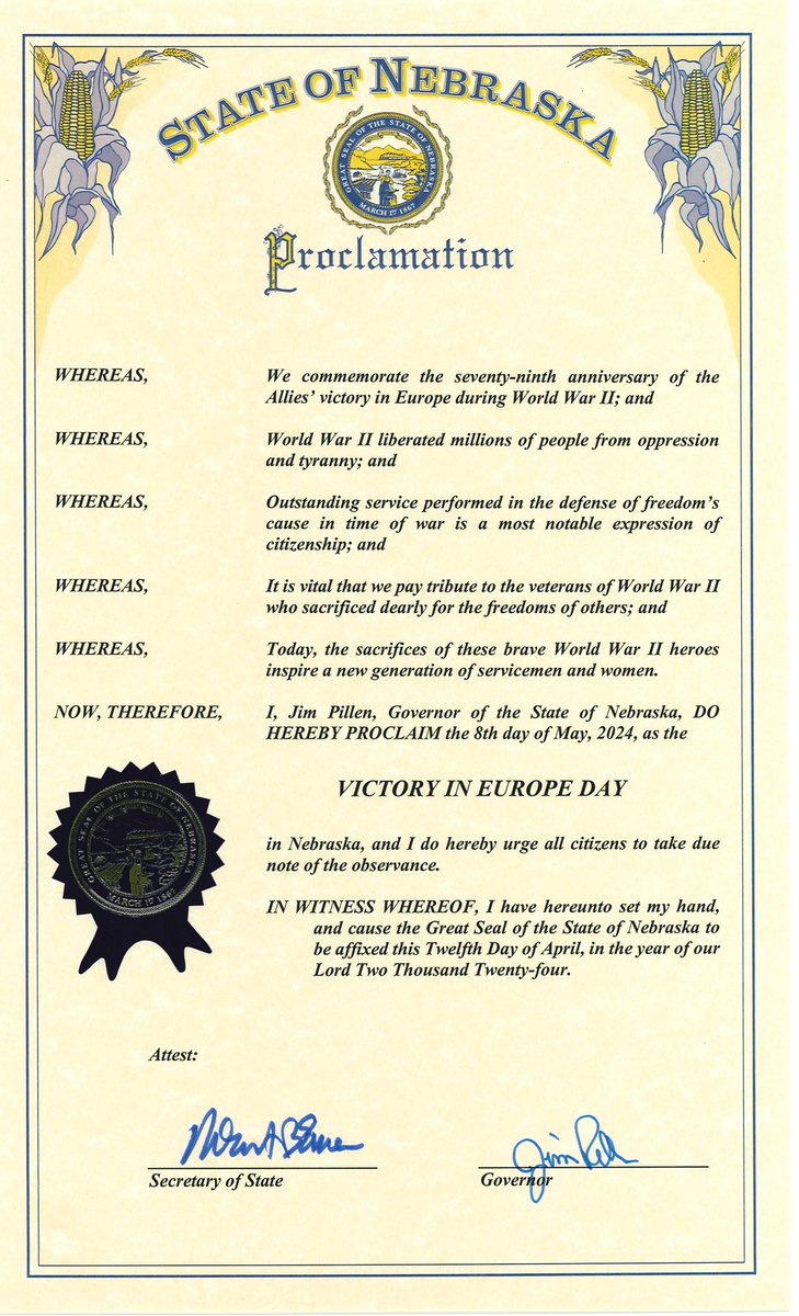 This morning, NDVA Director John Hilgert joined <a href="/TeamPillen/">Governor Jim Pillen</a> and Major General Craig Strong, Adjutant General of the <a href="/NENationalGuard/">NE National Guard</a>, for a proclamation signing to commemorate the 79th anniversary of Victory in Europe Day. Read the Governor's proclamation below.