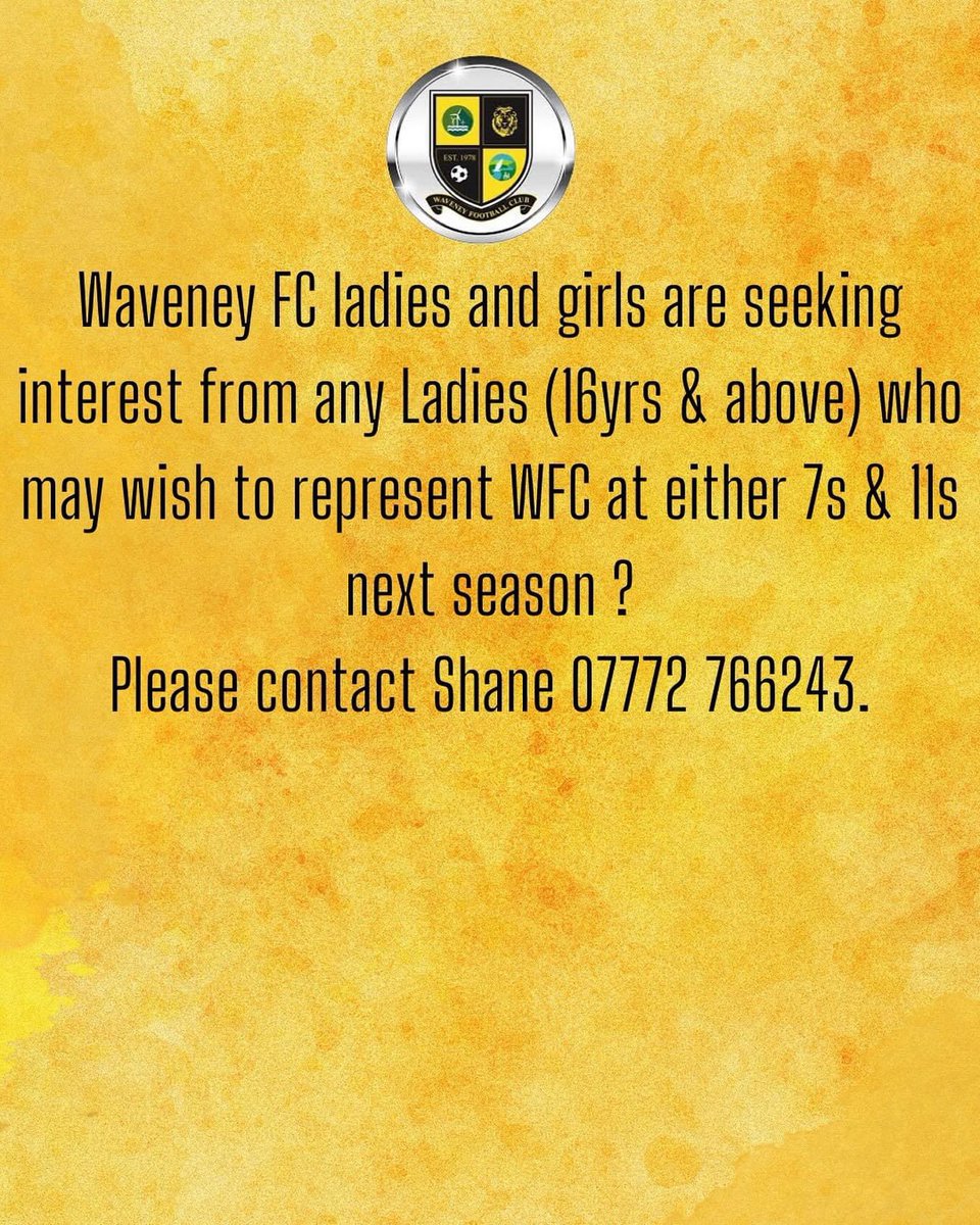 Anyone out there interested in joining the club for 24/25 as we look to expand our adult football quota please contact Shane on the number below or DM for further details 💛🖤 #hergametoo #thisgirlcan #weonlydopositive @NWGFL @WF_East @NorfolkCountyFA @SuffolkFA