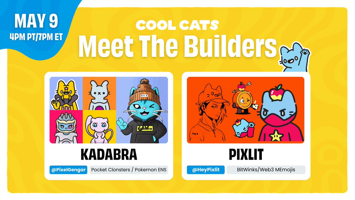 Learn from the best during our 'Meet The Builders' Space tomorrow at 4 PM PT/7PM ET! We're chatting with community builders @pixelgengar (Pocket Clonsters and @PokemonENS member) and @HeyPixlit (@bitwinks and MEmojis)! RSVP here: x.com/i/spaces/1ypjd…