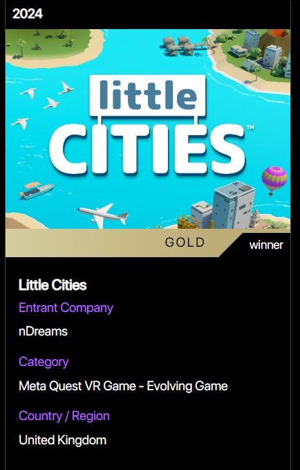 We have WON an award! 😱

Little Cities has won Best Evolving Game 2024 for @MetaQuestVR at the NYX Awards! 🏆

Huge thanks to everyone at @nyxgameawards! This means so much to us. 💜

See more 👉 nyxgameawards.com/winner-info.ph…

#MetaQuest #VR #NYX #NYXAwards #NYXGameAwards #gameawards