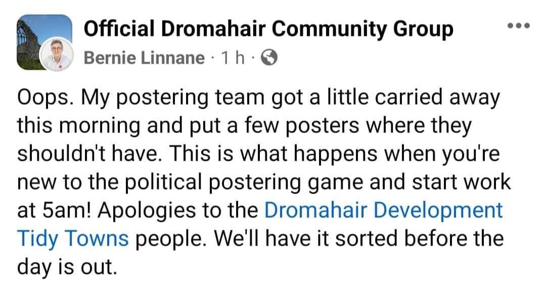 @WomensSocIre Bernie shot her load too soon, she plastered her own village in posters forgetting that Dromahair has a no poster within 50kph zone rule.