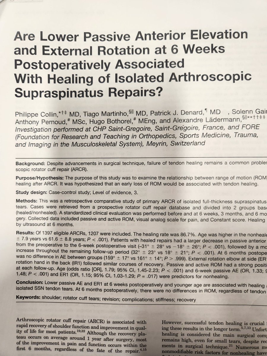 Lunch time read from @AJSM_SportsMed. Consistent w what I see. Too much early ROM and higher age problematic. Prefer stiff post-op. They improve over time and level out, just whether or not it's healed is the question. Slow old shoulders down ALOT.