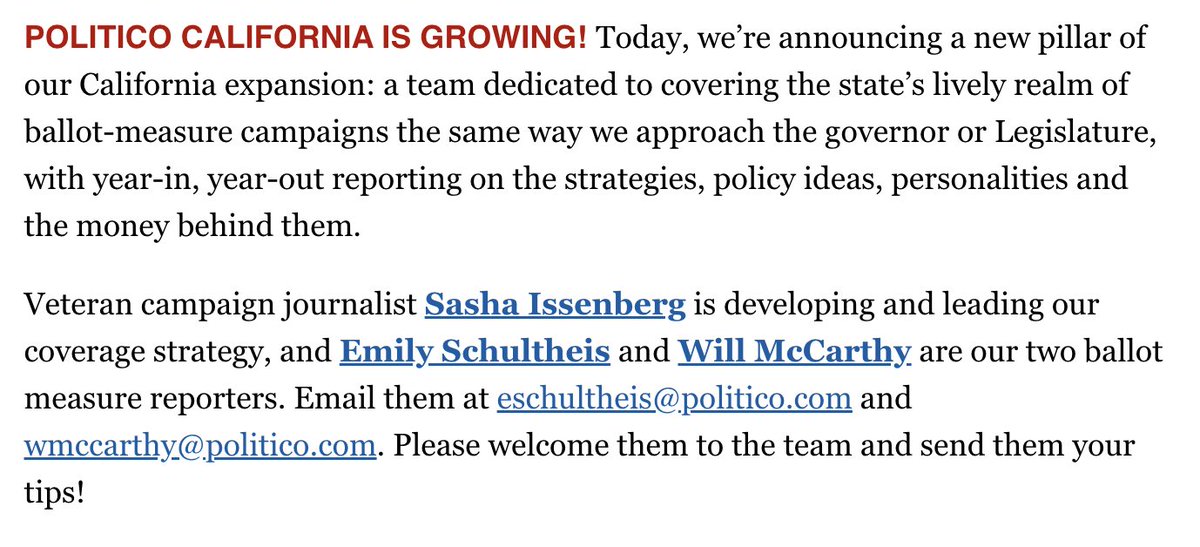 HUGE news today for @politicoca 🥳 We're adding TWO (2) ballot measure reporters to our ranks. @emilyrs and @wrmccart, led by @sissenberg will cover California's lively realm of ballot measure campaigns. Give them a follow and read their latest coverage politico.com/news/2024/05/0…