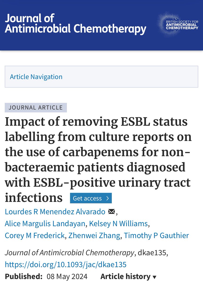 🚨📄 New in @BSACandJAC coming out of a @BHAcademics Antimicrobial Stewardship Program research group, first author @LOUvofloxacin 🙌 ➡️ academic.oup.com/jac/advance-ar… “Removing ESBL status labels from laboratory reports ⬇️ reduced carbapenem use for initial definitive treatment of