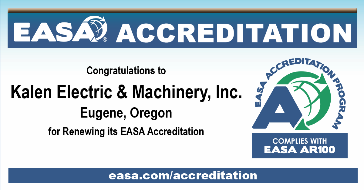 Congratulations to Kalen Electric & Machinery, Inc. (kalenelectric.com) for renewing its @easahq Accreditation! @easahq Accreditation showcases this company's commitment to excellence and best practices. Learn more at easa.com/accreditation. #Accreditation #ElectricMotors