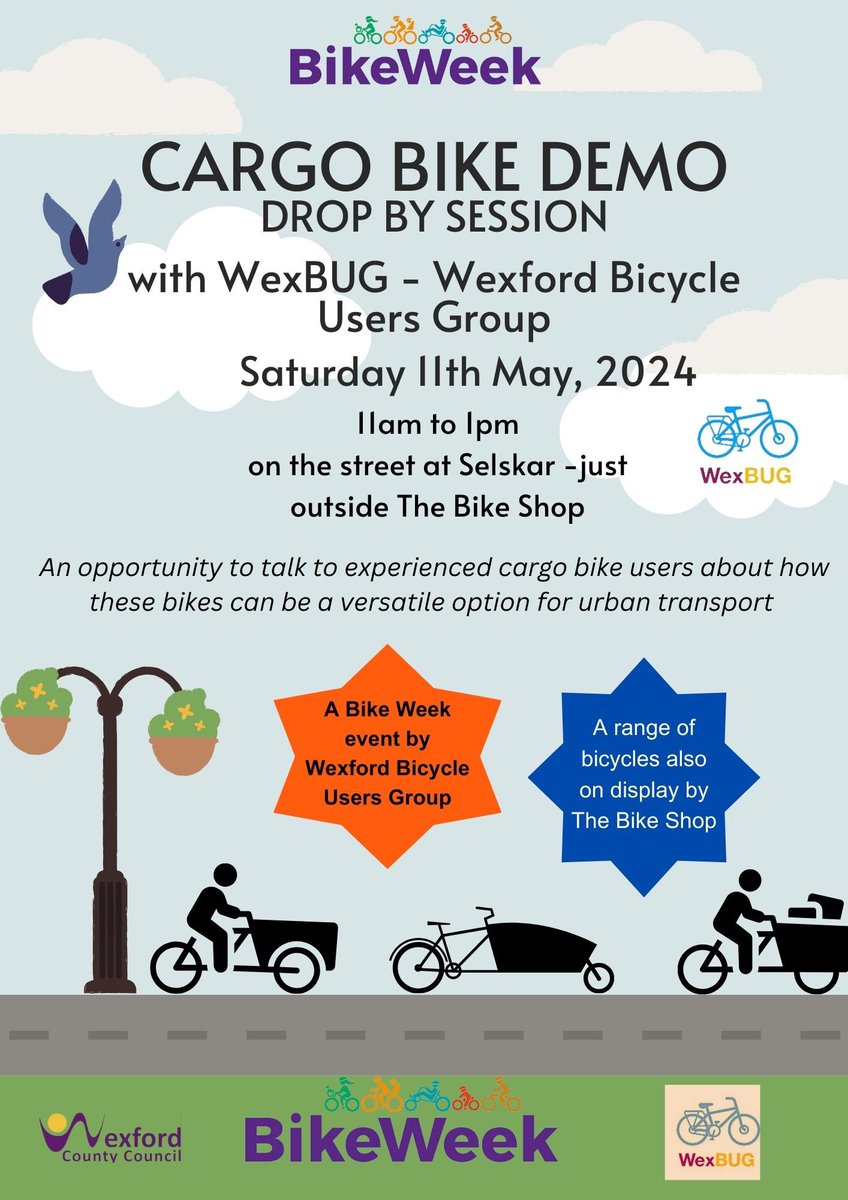 This Saturday is shaping up to be a cracking day 🌞 Why not drop down to Selskar 💜💛 for one of the first events of #BikeWeek2024 Find out all about Cargo Bikes, Fold-up bikes by @WexBug users. No need to register - just drop by with your queries. 😊 Details 👇