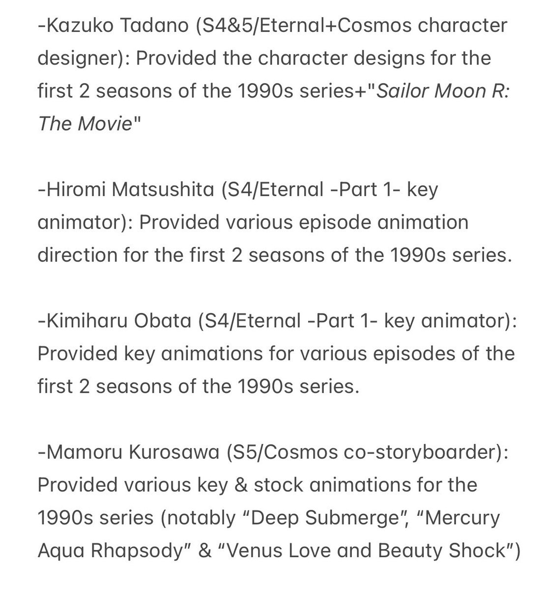 Lists of ppl from 'Crystal' series that also worked on the 1990s anime series (Triple checked the ending credit lists):