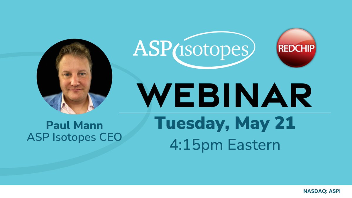 Mark your calendars for an upcoming Webinar featuring our CEO, Paul Mann, who will discuss progress this year and the outlook ahead. Register at: redchip.com/stocks/ASPI
#NASDAQ: $ASPI

#webinar #isotopes #technews #energy #greenenergy #nuclear @RedChip