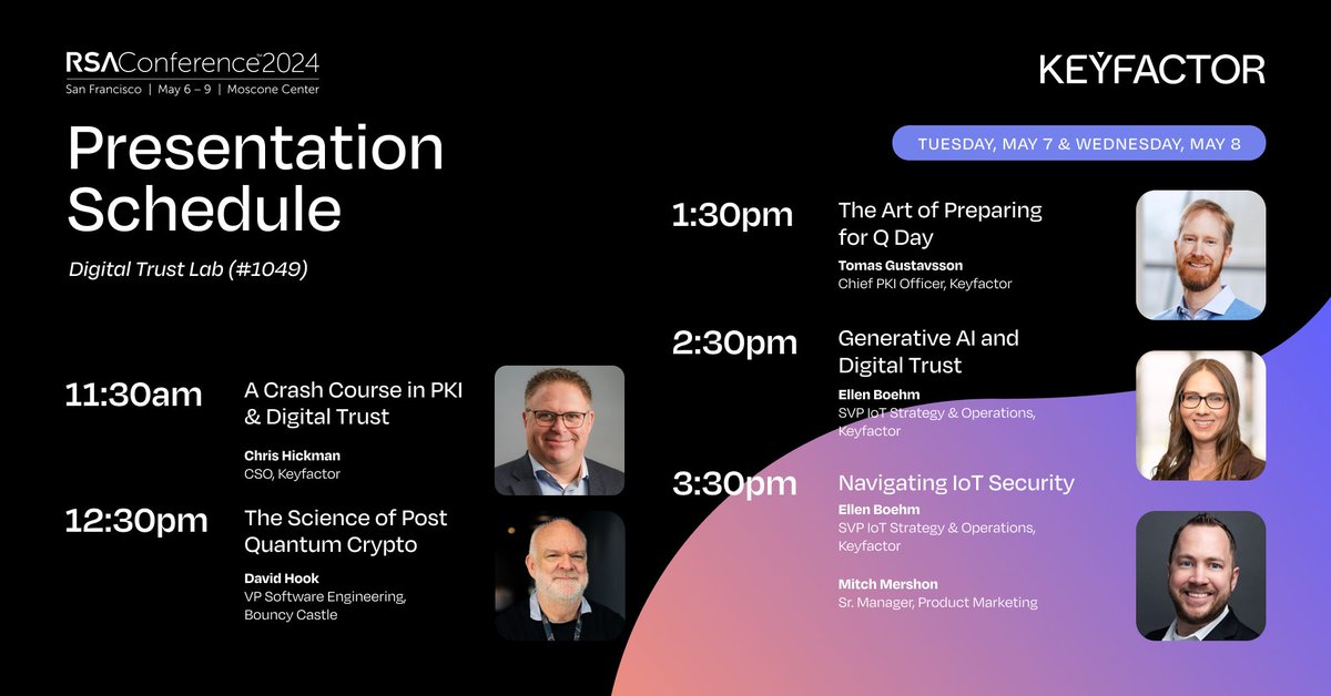 Attending #RSAC? Keyfactor has a lineup of informative presentations throughout the day in the Digital Trust Lab. Stop by booth 1049 (South Expo) to hear from the experts on topics ranging from #digitaltrust to #quantum to #IotTsecurity and more.