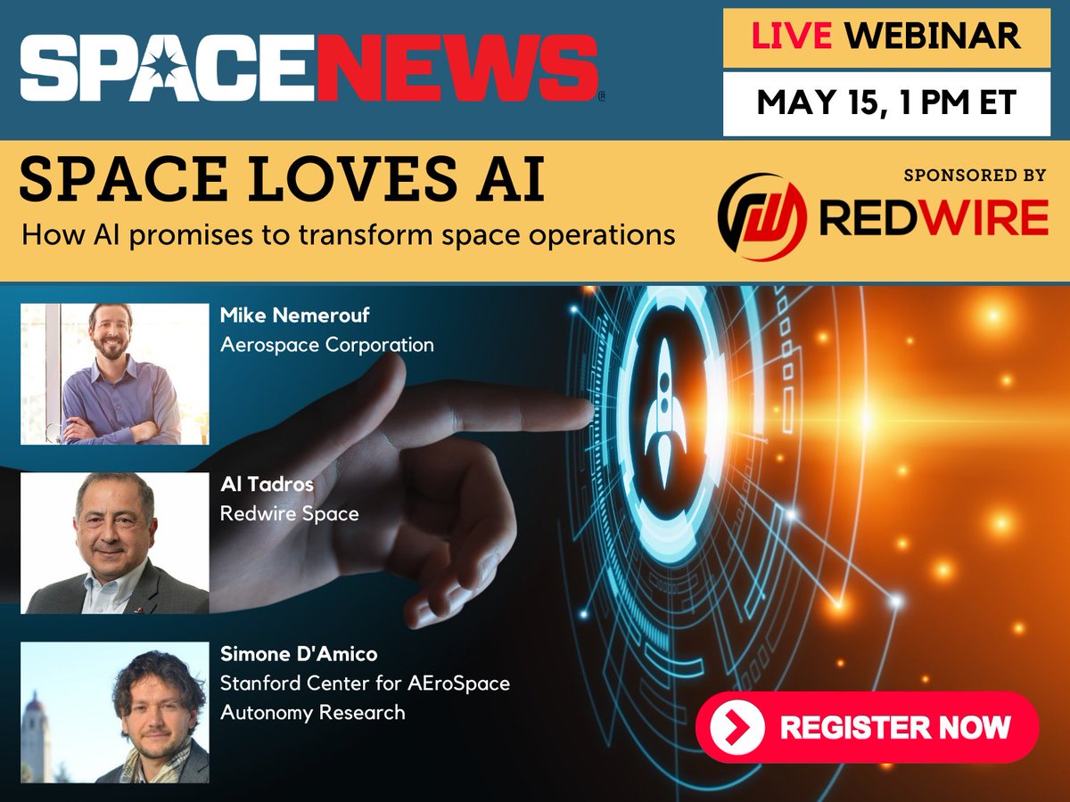 Join us for our next webinar on space operations using artificial intelligence: Space Loves AI. Register today for this free event. #AI #SpaceOps #SpaceOpsAI spacenews.com/webinar-space-…