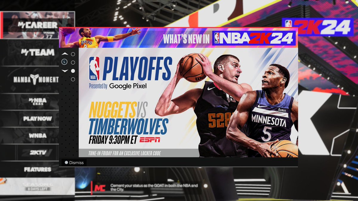 #NBA #Playoffs2024 #NBA2K #MyTeam #LockerCode
There’s going to be a locker code given out on tomorrow game. I will make sure I post it once I know what it is.