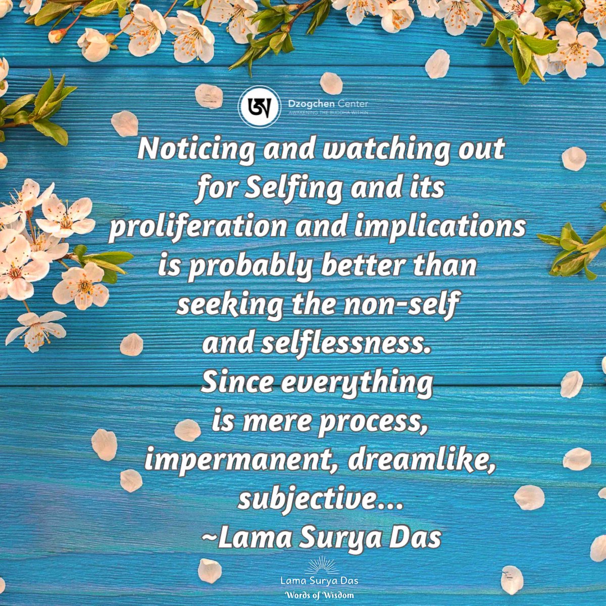 Noticing & watching out for Selfing and its proliferation & implications is probably better than seeking non-self & selflessness. Since everything is mere process, impermanent, dreamlike, subjective…~Lama Surya Das
#LamaSuryaDas #Dzogchen #SelfInquiry #AwakeningtheBuddhaWithin