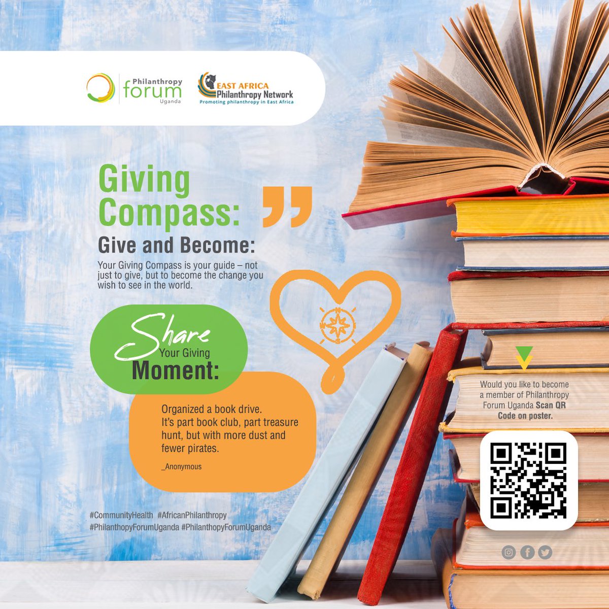 🧭Giving Compass: Give and become🫶🏾💙 _ 💙Share Your Giving Moment “Organized a book drive. It’s part book club, part treasure hunt, but with more dust and fewer pirates.”_ Anonymous _ Let us know we can’t wait to hear where it leads you today!   #AfricanPhilanthropy