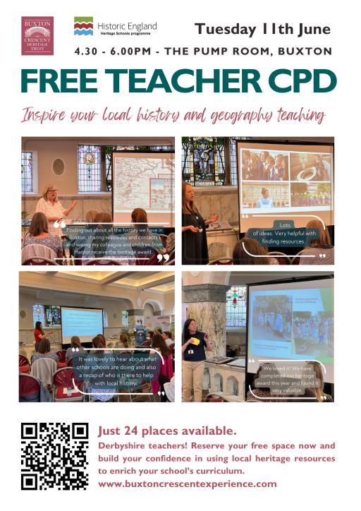 Teachers in Buxton and High Peak! Inspire your local history teaching with this free event at The Pump Room Buxton 11th June 4PM. buxtoncrescentexperience.com/tour/cpd/