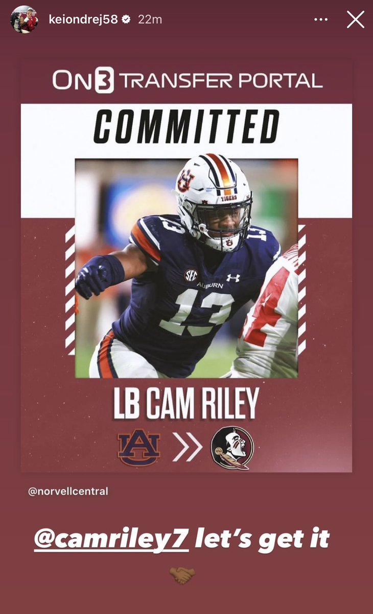 UPDATE: Florida State offensive lineman Keiondre Jones is excited to be reunited with his former teammate at Auburn, linebacker Cam Riley. ❤️🍢 #GoNoles #NoleFamily