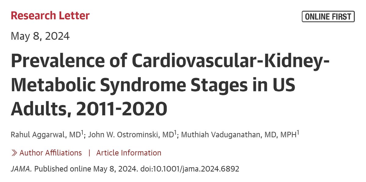 1/ Our NEW <a href="/JAMA_current/">JAMA</a> study

➡️Cardiovascular, kidney, and metabolic (CKM) diseases are intertwined
✅CKM syndrome is a newly defined disease
🚨We study how common CKM syndrome

tinyurl.com/yfdjvtp4

⭐️mentor <a href="/mvaduganathan/">Muthu Vaduganathan</a> &amp; coauthor J Ostrominski.