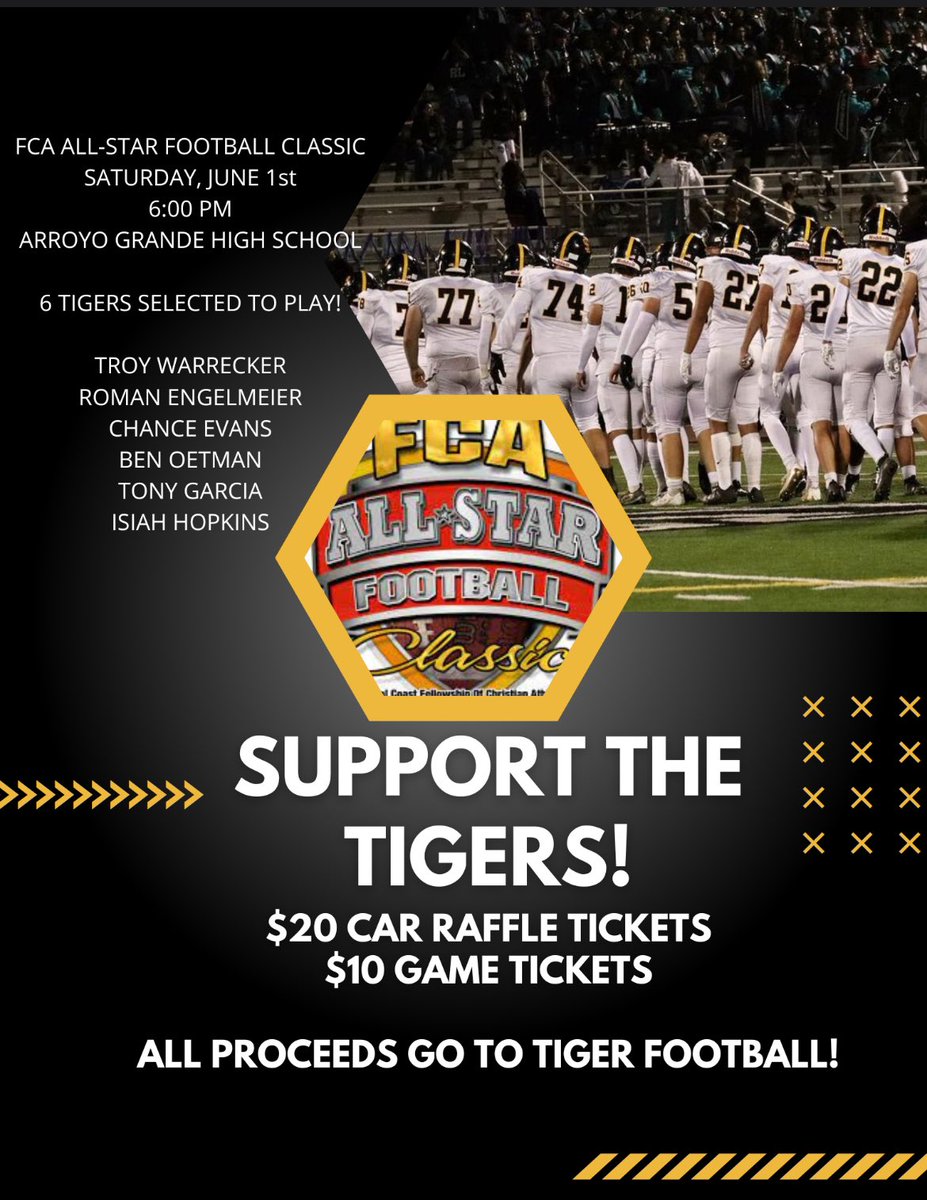 SLOHS Tiger Football (@slohsfb) on Twitter photo Support the Tigers by buying game and raffle tickets for the 2024 FCA All-Star Classic! Link to tix: zeffy.com/en-US/ticketinβ¦
Email tigerfootballarmy@gmail.com for car raffle tix! Support the Tigers by buying game and raffle tickets for the 2024 FCA All-Star Classic! Link to tix: zeffy.com/en-US/ticketinβ¦
Email tigerfootballarmy@gmail.com for car raffle tix!