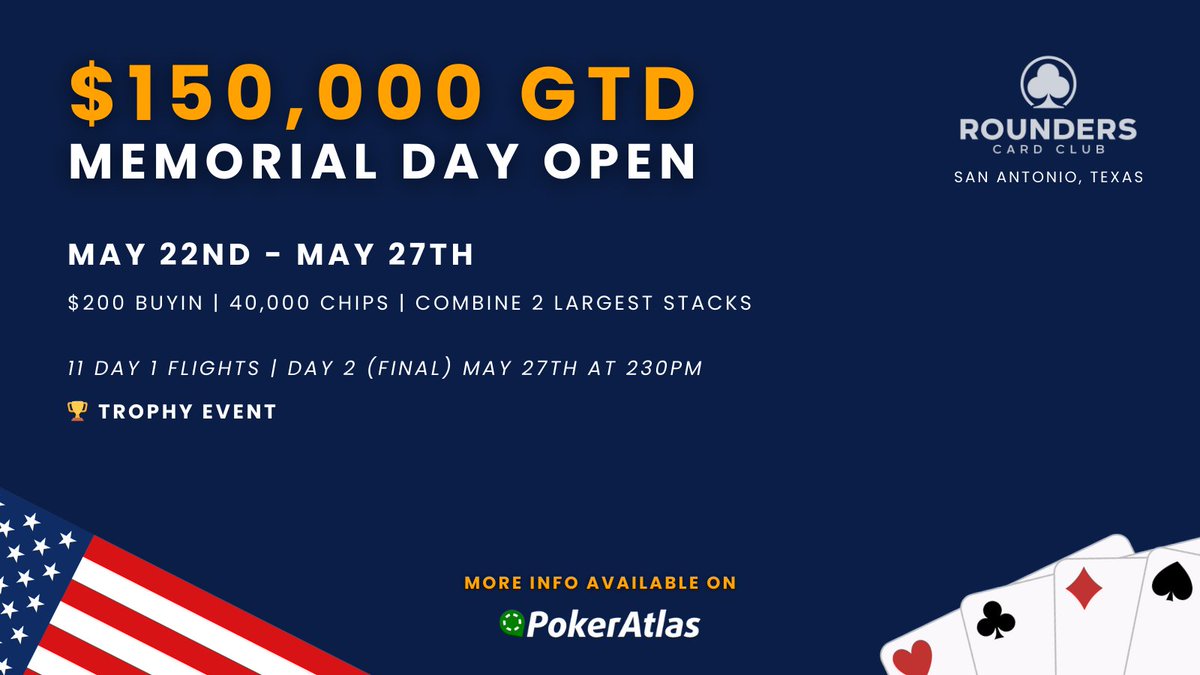 𝗠𝗔𝗥𝗞 𝗬𝗢𝗨𝗥 𝗖𝗔𝗟𝗘𝗡𝗗𝗔𝗥𝗦 - 𝗕𝗜𝗚 𝗘𝗩𝗘𝗡𝗧 𝗜𝗡𝗖𝗢𝗠𝗜𝗡𝗚!!!!

ℹ️ See PokerAtlas for more info
rounderscardclub.com/tournaments