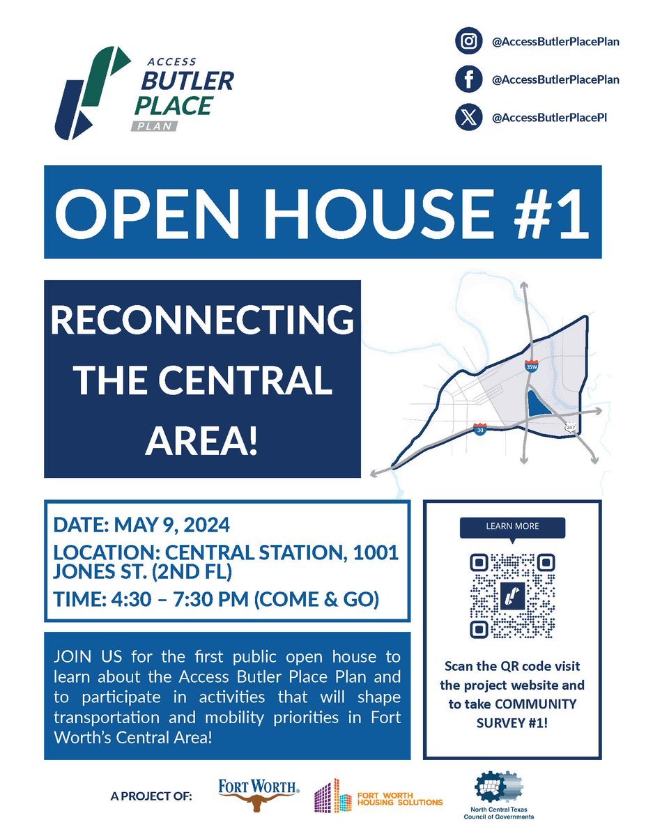 The Access Butler Place Plan aims to reconnect, strengthen, and build community throughout Fort Worth’s Central Area. 
Don't miss the first open house tomorrow!

#FortWorth #OpenHouse #Community